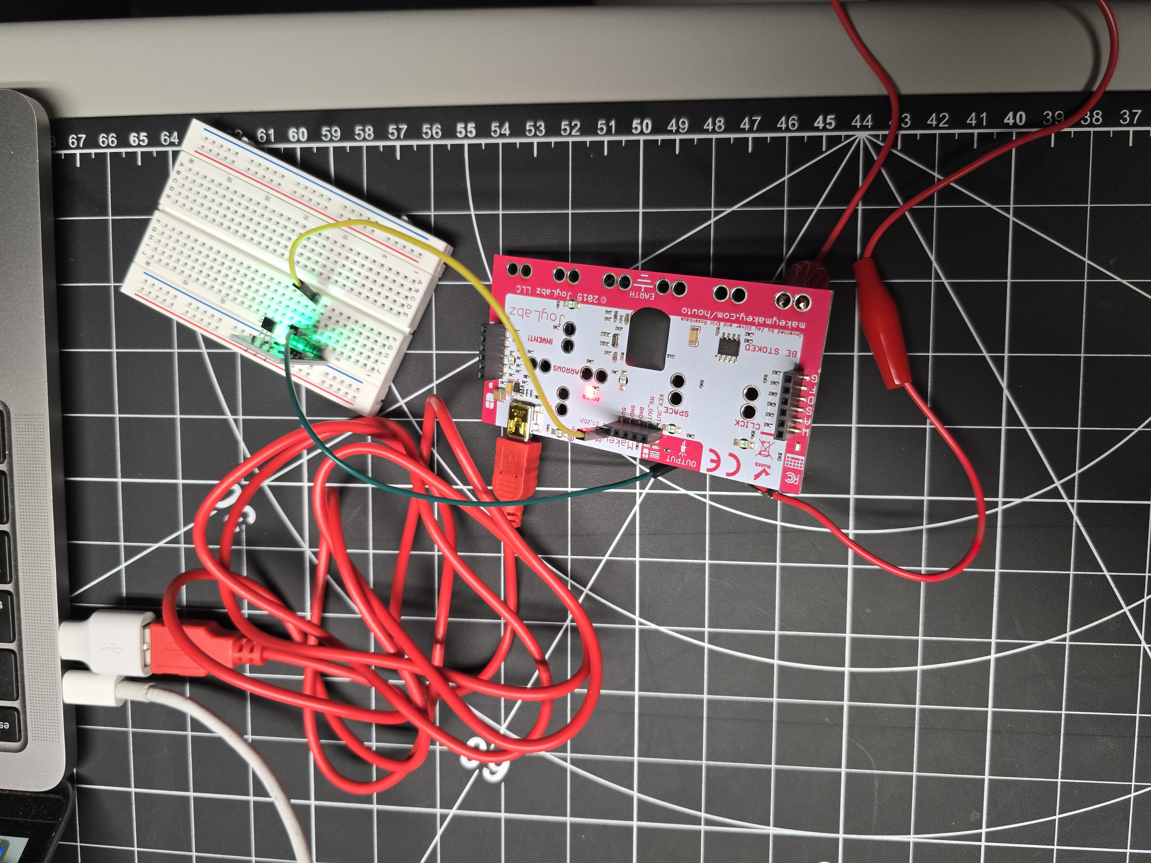 Initial guerilla prototype: Makey Makey connected to a Hall Effect sensor on a breadboard for quick feasibility testing