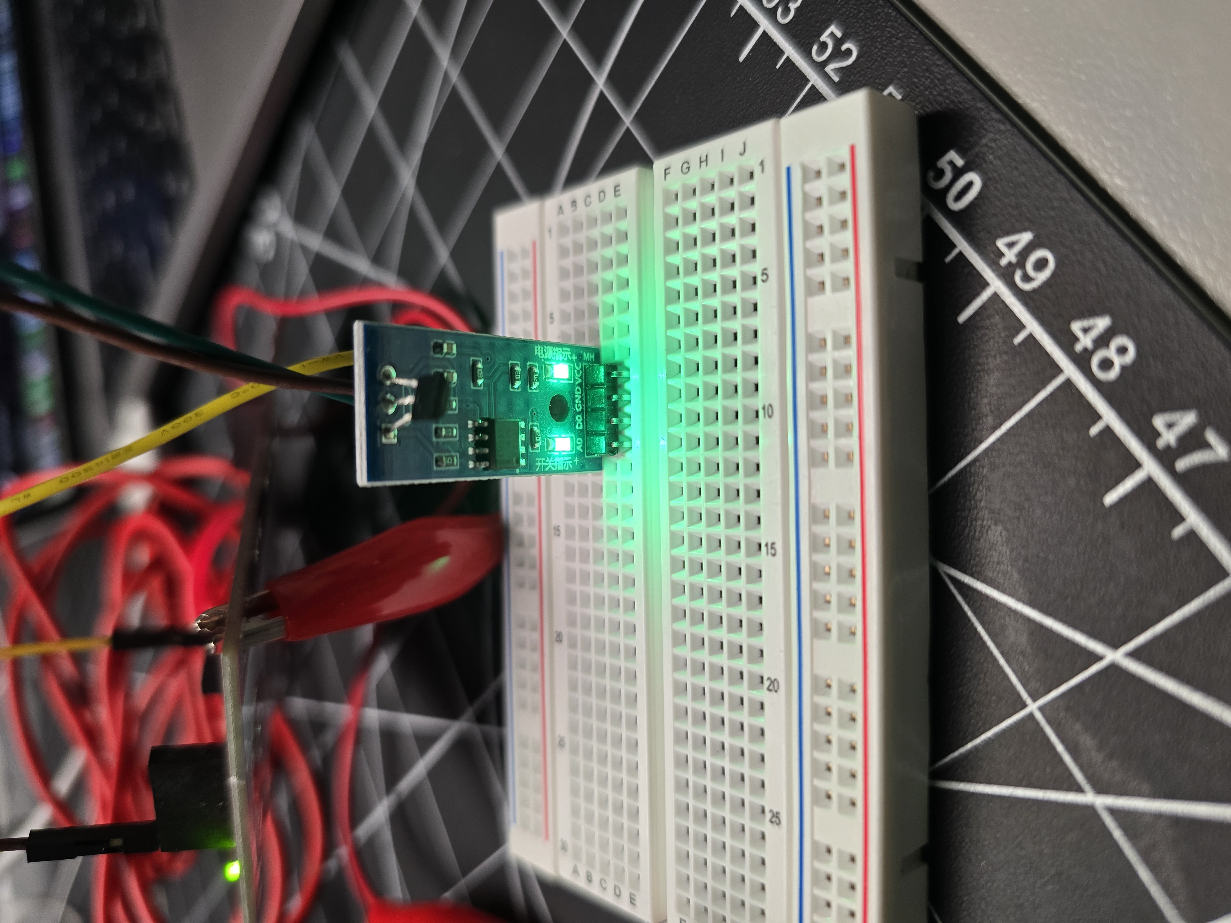 Close-up of wiring the Hall Effect sensor into Makey Makey inputs and ground for keyboard-trigger tests